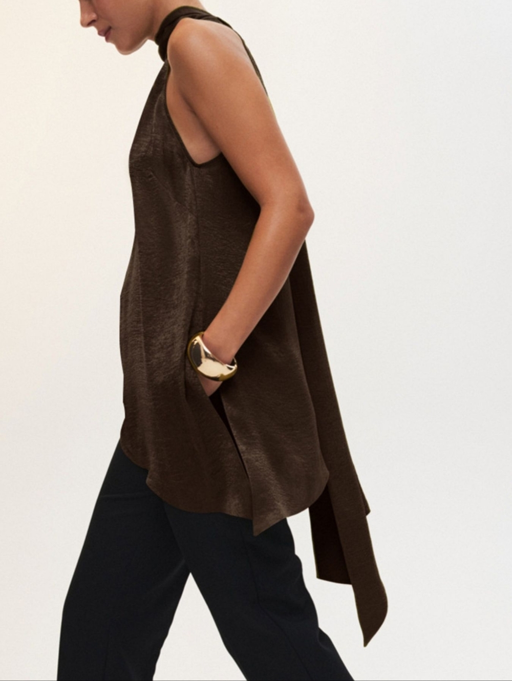 High-Neck Tie Halter Top - Chocolate Brown - Picture 8 of 12